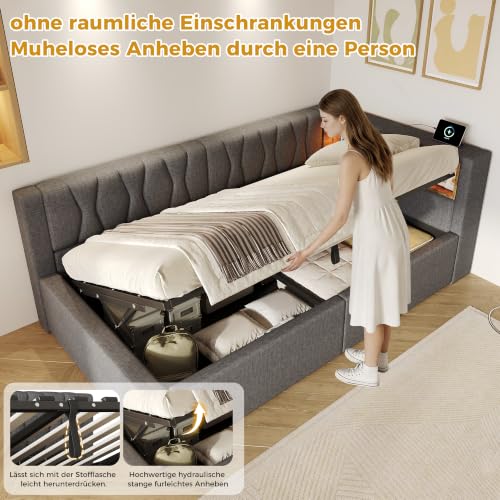 Sofá cama gris de 90 x 200 para habitaciones juveniles con estantería 7