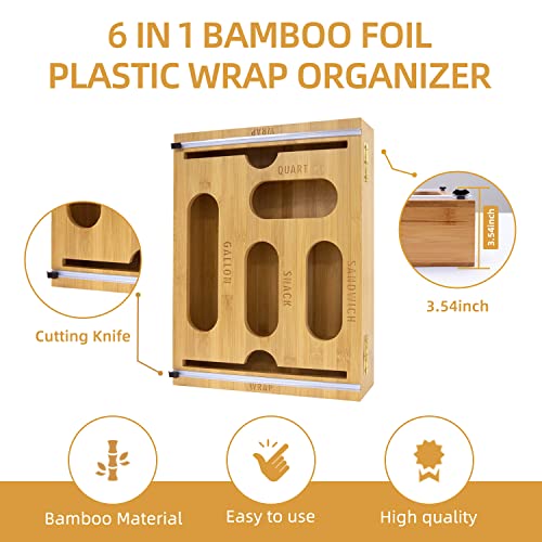 Abandship Ziplock Bag Storage Organizer - 6 In 1 Bamboo Foil And Plastic Wrap Dispenser With Cutter, S 0516 Ziplock Bag Storage Organizer Bamboo - 6 In 1 Foil And Plastic Wrap Dispenser With Cutter #TOP2