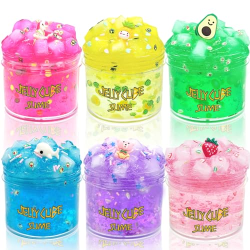 Preescolar, Music Paquete de 6 kits de limo crujiente de cubeta de gelatina, slime crujiente transparente, juguete de lodo súper suave con bonitos encantos, recuerdos de fiesta...