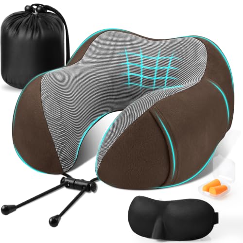 Image of CloudBliss Travel Pillow for Airplanes, Memory Foam Neck Pillow Set, Brown