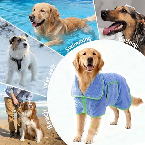 Soft Dog Bathrobe Fast Drying Dog Coat, Super Absorbent Dog Towels for After Bath, Microfiber Pet Robe Adjustable Collar & Belly Warm Keeping Dogs Coat for Pet Dogs & Cats (Blue, Medium) - 3