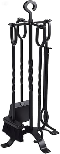Amagabeli Juego de Herramientas para Chimenea de 5 Piezas para Interior Juego de Fuego de Hierro Forjado para Chimenea Grande póker Estufa de leña leña Juego de Herramientas para Soporte Negro