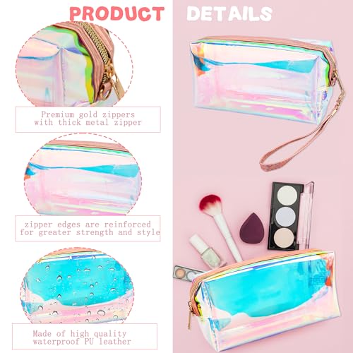 10 Pcs Holographic Clear Makeup Bags Iridescent Cosmetic Bags Travel Cosmetic Bags with Zipper Wrist Loop Waterproof Toiletries Organizer for Home Office Wedding Bachelorette Use3