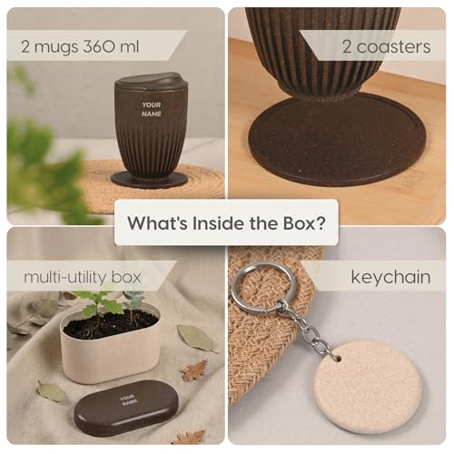 Image of Eha Earth Friendly Customised Coffee Mugs and Coasters Set of 2 with Loopac, 350 ml | Made with Rice Husk Biocomposite | Personalized Gifts for Friends and Family | Coffee