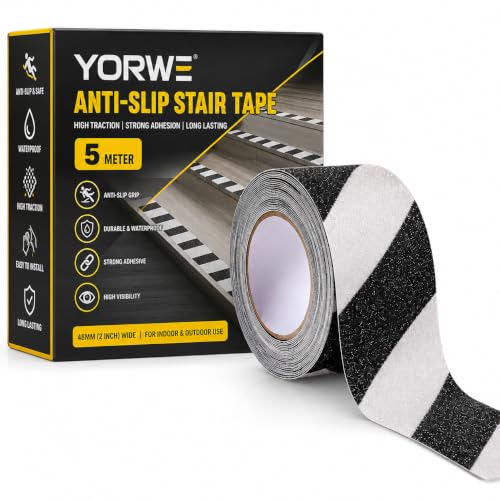 Image of YORWE Anti Slip Stair Tape with Glow in the Dark Strip - Heavy Duty Waterproof Non Slip Traction Tape for Stairs, Steps, Outdoor & Indoor Safety (Black and White, 5 Meter)