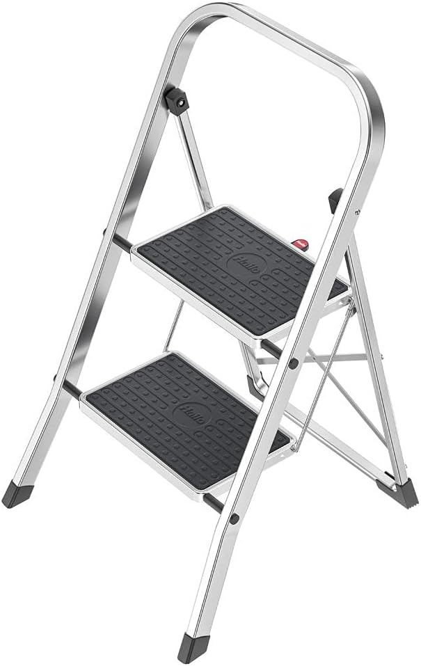 K70 StandardLine 2-Step Ladder – Foldable Steel Step Stool with Safety Lock, Wide Non-Slip Mats, 330 lb Capacity, Compact Storage, Carry Handle, Stable for Home, Kitchen, Office – Silver