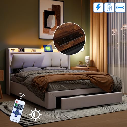 Bett 140x200 mit Stauraum Polsterbett Doppelbett mit 2 USB- und AC-Ladefunktionen Hydraulisch Stauraumbett Funktionsbett mit LED-Beleuchtung und 1 Schubladen(Ohne Matratze (140 x 200 cm) – Bild 4