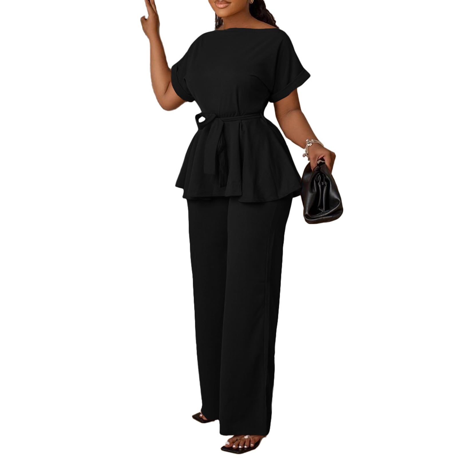 Ekaliy Women's 2 Piece Outfits Peplum Top and High Waisted Flared Pants Set