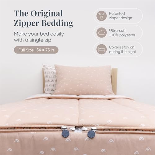 Image of Beddy's Rainbow Theme Durable Zipper Bedding for Kids - Bed in a Bag - White Rainbow Sheets & Peach Comforter - Includes 2 Pillowcases & 2 Shams - Easy to Make & Wash - Full