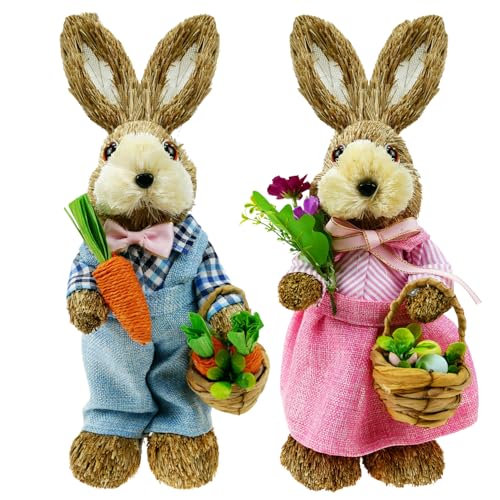 DearSun Set of 2pcs14 H Easter Straw Bunny Figurine Tabletop Decor Sisal Rabbit Couple Statue with CarrotsEggs Spring Party Garden Table Decor