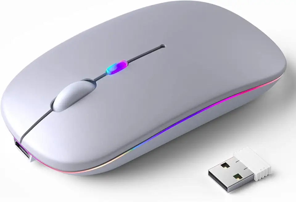 Mouse Sem Fio Recarregável com LED RGB Design Ergonômico e Conexão Bluetooth para Notebook PC e Home Office (Prata)