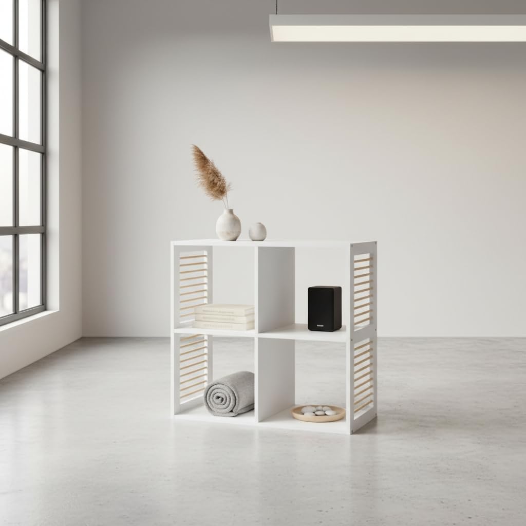 INDE MOBLEKIT | Étagère à 4 Compartiments 60 x 29,5 x 59 cm Blanche, Meuble de Rangement d'appoint avec Structure en Lattes de Bois, étagère cubique pour Salon, Chambre ou Bureau