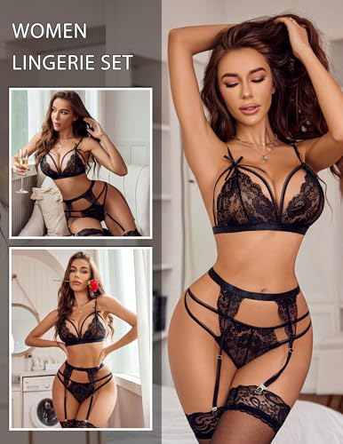 Avidlove Women Lingerie Set Lace Teddy Strap Babydoll Bodysuit with Garter Belts2