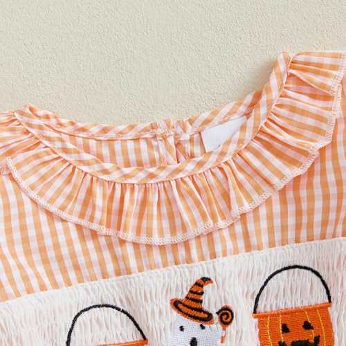 Infant Baby Girl Summer Outfits Pumpkin Plaid Ruffle Short Sleeve Romper Smocked Bodysuit Halloween Clothes3