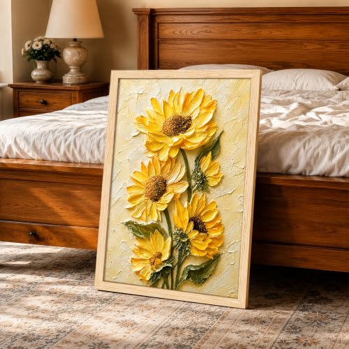 Image of PAINTINGMANTRA Textured Embossed Floral Framed Wall Art Painting for wall decoration, Abstract Vibrant Yellow Sunflower Motifs Poster with frame for living room, bedroom, office and Home, 10x13 Inch