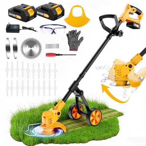 Image of Electric Weed Wacker Cordless, Electric String Trimmer with 3 Types Blades & Removable Auxiliary Wheels, Brush Cutter & Grass Trimmer & Lawn Edger with for Garden Yard