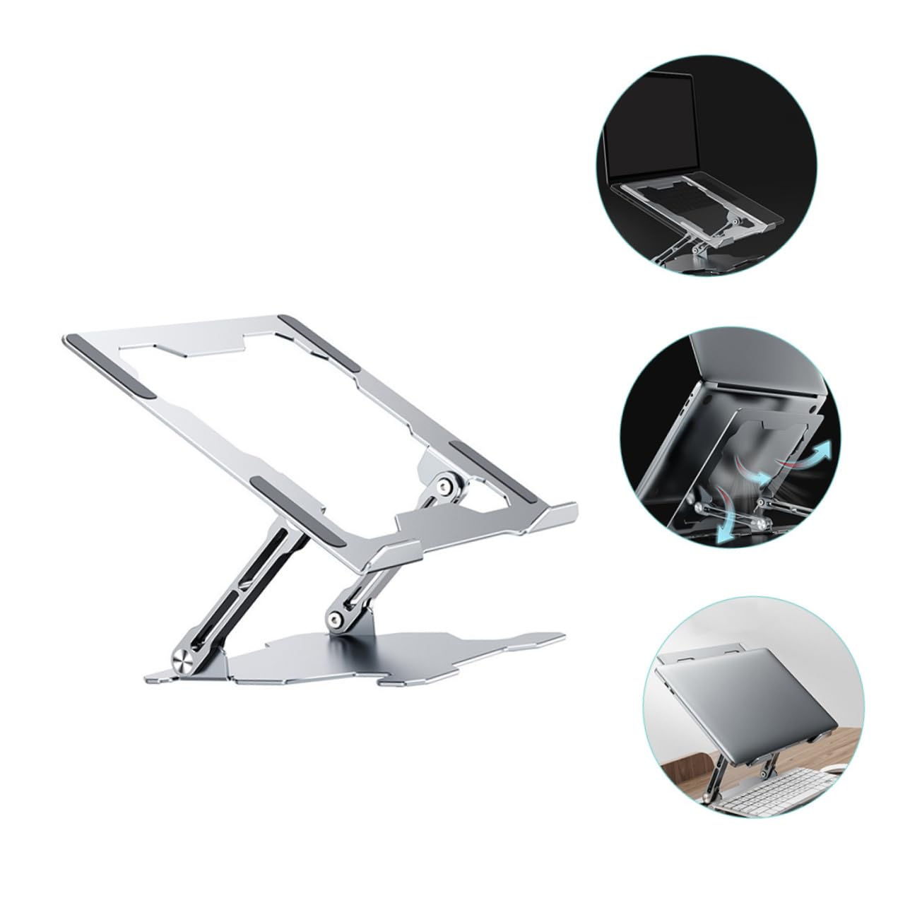 Supporto per Laptop Regolabile Pieghevole in Lega di Alluminio Argento | Struttura a Vite Solida, Altezza Variabile, Portatile per Ufficio e Lavoro All'aperto