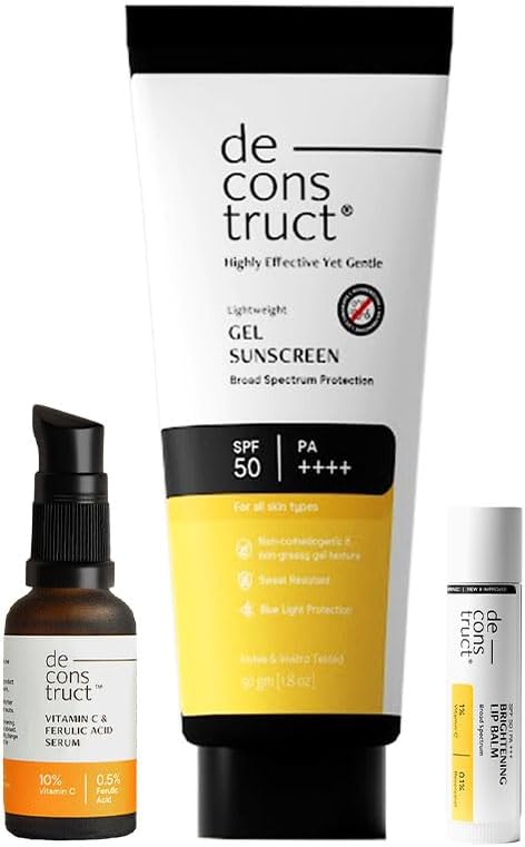 Deconstruct Daily Brightening Shield Trio: Gel sunscreen (50g) + Vitamin C Serum (30ml) + Brightening Lip Balm (4g) No White Cast, Lightweight & Higher protection with sunscreen SPF 50 | Vitamin C