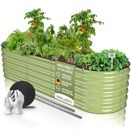 HOFGARTEN 200x60x42cm QuickGrow Metall Hochbeet 6-in-1 | Stahl rostfrei verzinkt & lackiert | sehr stabiles Garten Beet oval für Gemüse Kräuter Blumen | modulares Hochbeete-Kit | Salbei