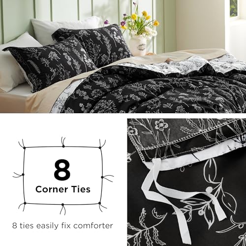 Image of Bedsure Duvet Cover Queen Size - Reversible Black Queen Duvet Cover Set with Zipper Closure, 3 Pieces Floral Patterned Bedding Set with 8 Corner Ties and 2 Pillow Shams