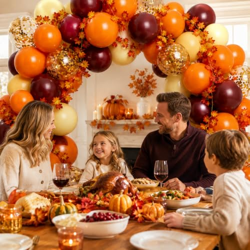 Image of Fall Balloon Arch Kit, Fall Birthday Party Decorations, Orange Burgundy Yellow Gold Confetti Balloons Garland Kit with 6.5 Ft Maple Leaves for Home Thanksgiving Autumn Baby Shower Party Decor Supplies