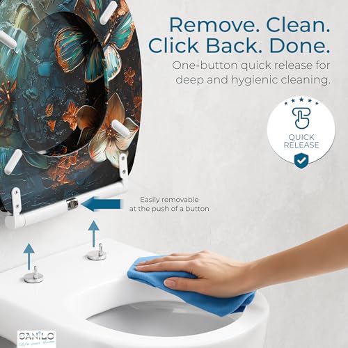 Image of Sanilo Wooden Toilet Seat with Quick Release & Soft Close [ROUND] - Decorative & Slow Close Molded Wood Seat - With One Click for Easy Installation & Cleaning - With Adjustable Fit (Mariposa)