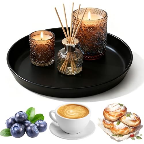 Black Decorative Round Tray, Autumn Decorations and Room Decor, Modern Farmhouse Decor Coffee Table Trays for Jewelry Perfume Fruit Bowl Living Room Accessories Home Decoration Candle Tray