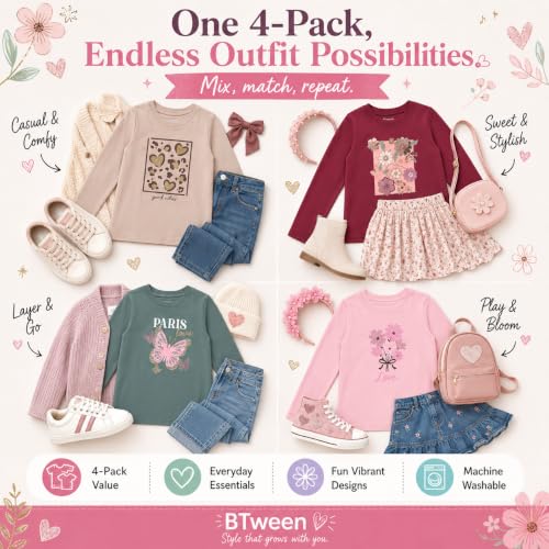 Image of BTween Girls 4 Pack Long Sleeve Graphic T-Shirts Cotton Blend, Fun Vibrant Designs