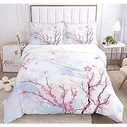 Funda Nordica Japonesa Fundas Nordicas 240x220, Funda Nordica con Flores De Cerezo, Estilo JaponéS,Suave Y Acogedor,con Cremallera(Azul Rosa, 220 x 240 cm)