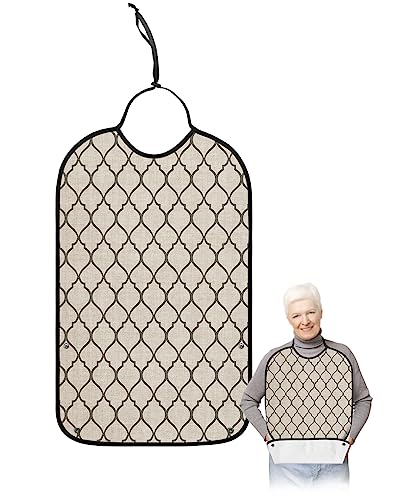 Grey Morocco Pattern Adult Bibs for Eating, Waterproof Bibs with Food Catcher & Adjustable Snap Closure, Modern Moroccan Geometric Abstract Art Clothing Protectors Adult Bibs for Elderly Women/Men