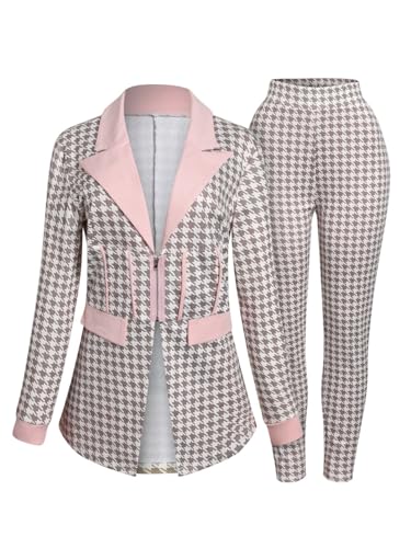 Recious Womens Sexy 2 Pieces Houndstooth Printed Blazer Jackets Bodycon Pants Party Clubwear Tracksuit Outfits Suit Set3