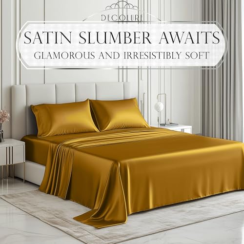 DECOLURE Satin Bed Sheets - 6 Piece Luxury Silky King Size Bedding Set - Softer Than Silk, Wrinkle-Free with 15” Deep Pocket Fitted Sheet, Perfect for Hair & Skin, Gifts for Women (Gold) - Image 3