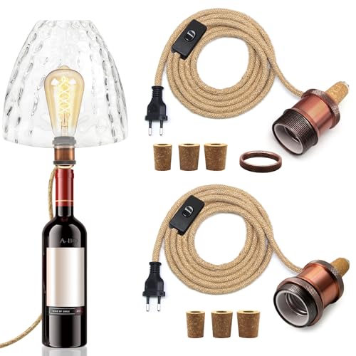 2PCS Kit Lampada Bottiglia, Portalampada E27 con Cavo di Canapa da 240CM, Supporto per Lampada Bottiglia, 3 Tappi Flessibili, Adattatore per Bottiglia per Portalampada, Può Fare da Paralume, Rosso