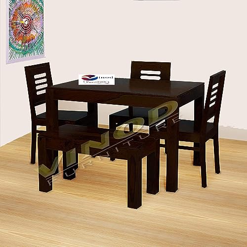 Image of Wooden Solid Sheesham Wood Dining Table 4 Seater | Dining Table Set with 3 Chairs & 1 Bench | Home Dining Room Furniture Teak Wood Dining Table 4 Seater | (Walnut Finish)
