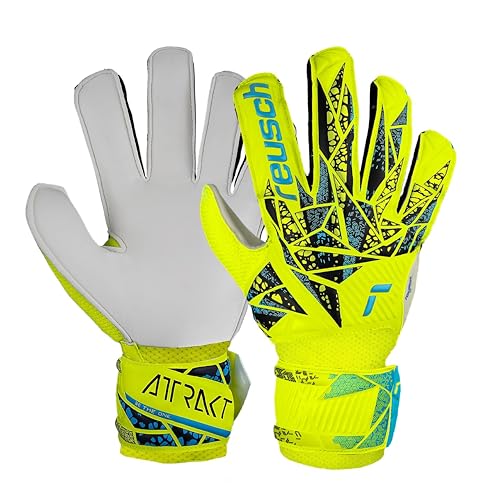 Reusch Attrakt Solid Junior Goalie Gloves, Soccer Goalkeeper Gloves, Breathable, Durable, for Artificial Grass & Hard Surfaces, Kids, Youth, Safety Yellow/Future Blue, Size 5