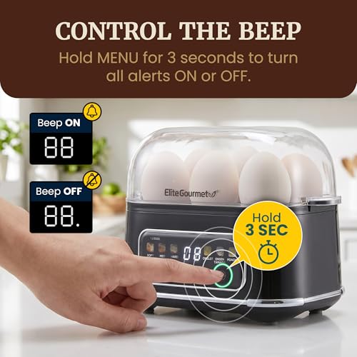 Elite Gourmet Digital Egg Cooker, 6 Egg Capacity, Soft/Medium/Hard Boiled, Onsen Tamago, Poach & Omelet, One-Touch Menu, Audible Alert On/Off, Auto Shut-Off, Black by Elite Gourmet - Image 3