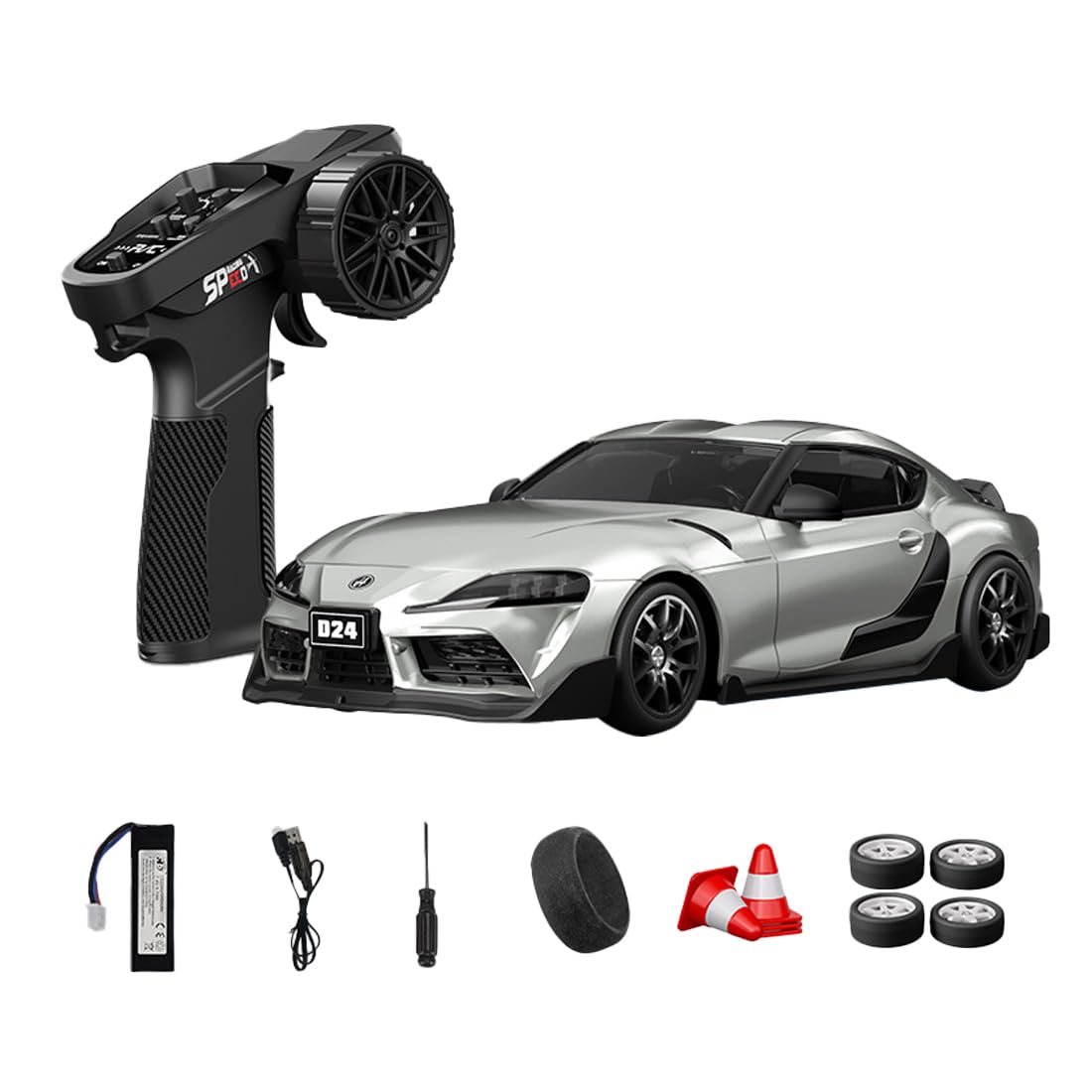 NULA 1:24 RC Drift Car, D24 RTR Full Proportional 4WD High Speed Remote Control Car with Gyro, Dual Drift Racing Tires, LED Light Effects for Adults- (Q4 Liquid Silver / D24-01)