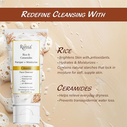 Image of Raissa Rice & Ceramides Face Wash for Normal to Dry Skin, 50ml | Brightening Cleanser with 4 Ceramides, Niacinamide & Rice Extract