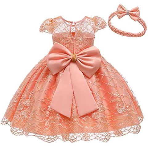 HOIZOSG Baby Girls Christening Bowknot Dress Embroidered Lace Baptism Birthday Wedding Dance Party Tutu Gown w/Headwear Peach 3-4 Years Cover
