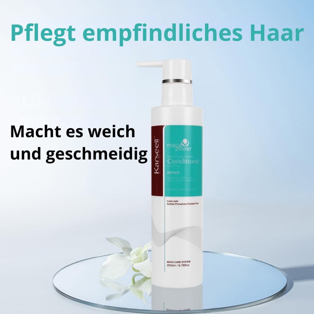 Karseell MACA CARE SYSTEM Set Volumen Shampoo + Reparierender Conditioner Arganöl Panthenol Volumen Reparatur Feines Trockenes Geschädigtes Haar Ohne Sulfate und Parabene 200ml x2