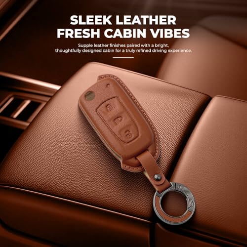Image of Keyzone Premium Leather Key Cover & AC Vent Car Perfume Combo (4 Fragrances) | Compatible for Tata Curvv, Nexon, Harrier, Altroz, Punch, Safari, Tigor, Tiago, Zest, Bolt 3 Button flip Key. (Brown)