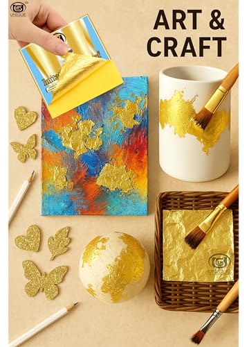 Image of UGLS Gold Leaf Sheets 500 Pack (8 cm x 8 cm) + Adhesive 300 ml (2 Bottles -150ml)- Gilding Glue - Golden Foil for Gilding, Epoxy Resin Art, Maysur Paintings, Arts & Crafts, DIY Gilding