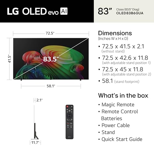 Image of LG 83-Inch Class OLED AI 4K B6 Series Smart TV w /Dolby Atmos, Dolby Vision, HDR10, AI Super Upscaling 4K, Filmmaker Mode, Wow Orchestra, Compatible with Alexa (OLED83B6GUA, 2026)