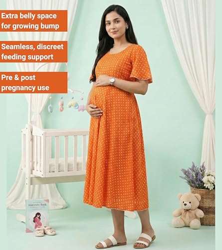 Image of DUMMY SHAPE Feeding Kurtis for Women Cotton Blend | Floral Pregnancy Flare Kurta with Dual Nursing Zippers to Pre & Post Partum | Maternity Dresses | Gifts for Pregnant Woman