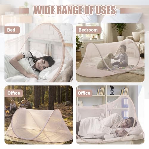 Image of 2 Pcs Large Pop up Mosquito Tent Portable Foldable Mosquito Bug Net for Bed Camping Travel Patio Outdoor 78 * 31 * 22 Inch Bug Netting Mesh Tent Canopy for Adults Bedroom, Brown