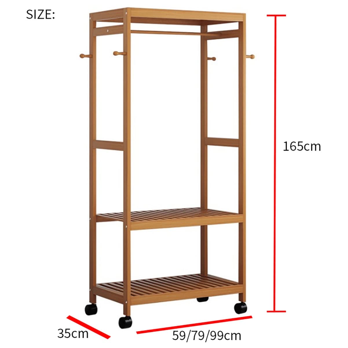 Appendiabiti con 2 Ripiani, con Ruote, Organizer per Cappotti, per Ingresso, Camera da Letto, Angolo, Salvaspazio - Legno di bambù,Wood Color-100Cm