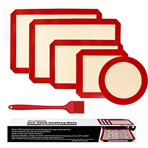 5PCS Silicone Baking Mats, 2 Half Sheets Mats + 1 Quarter Sheet Liner + 1 Round + 1 Square Cake Pan Mat & Silicone Baking Brush- 100% Food Safe Silicone & Non-Stick,For Baking Cake Cookie