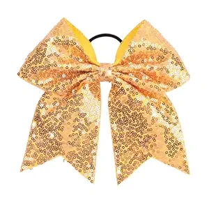CN 7" Glitter Cheer Hair Bows for Cheerleader Gold Large Ponytail Holder Elastic Band Handmade for Cheerleading Teen Women Girls College Sports 1pcs