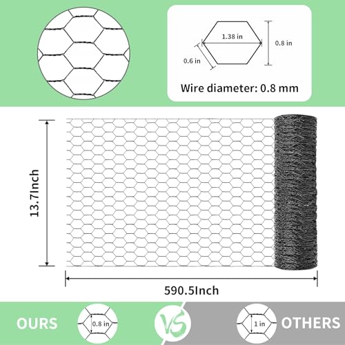 Image of Chicken Wire 13.7 in x 590.5 in Poultry Wire Netting Hexagonal Galvanized Mesh Garden Fence Barrier for Pet Rabbit Chicken Fencing with 100 Pcs Cable Zip Ties(PVC-Coated)