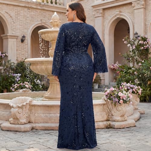 Image of Plus Size Formal Dresses for Women with Embroidery Sequin and Cape Sleeve, V-Neck Maxi Dress for Wedding and Party